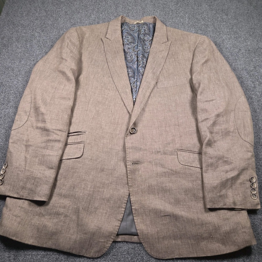 Joseph Abboud 46R Brown 100% Linen Blazer Sport Coat Elbow Patch Peak Lapel